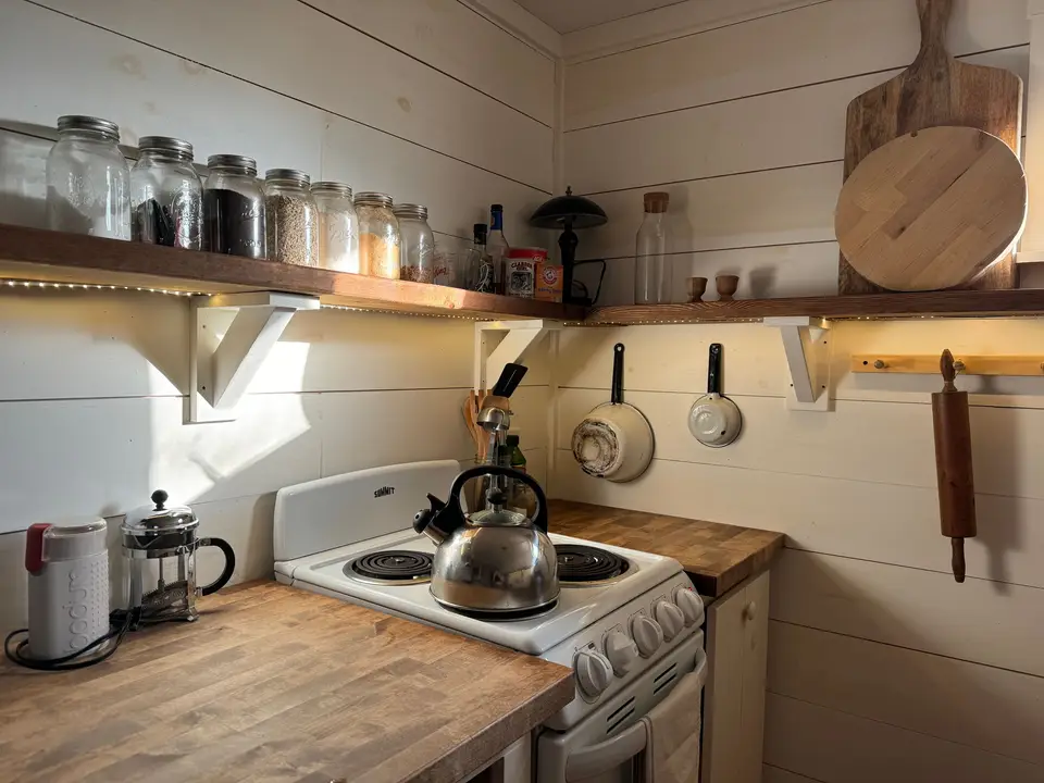 Compact renovated kitchen with open shelves