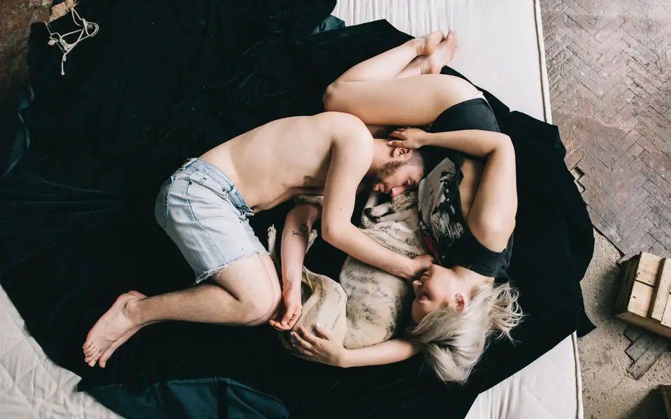 A couple sleeping peacefully next to their dog