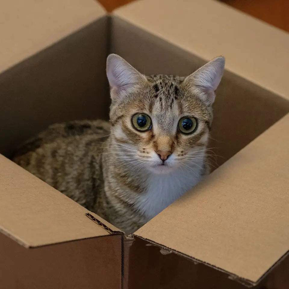 A curious cat sitting inside a cardboard box
