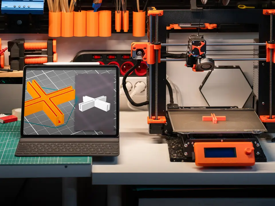 3D printer and laptop with a CAD model in the makerspace