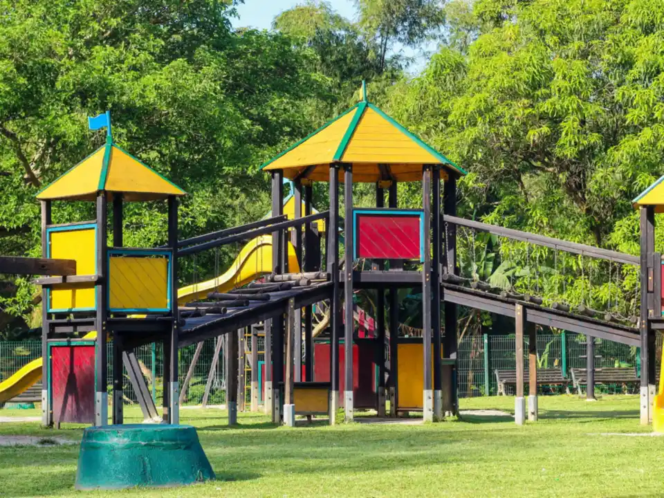 Large timber playground with slides on a green lawn