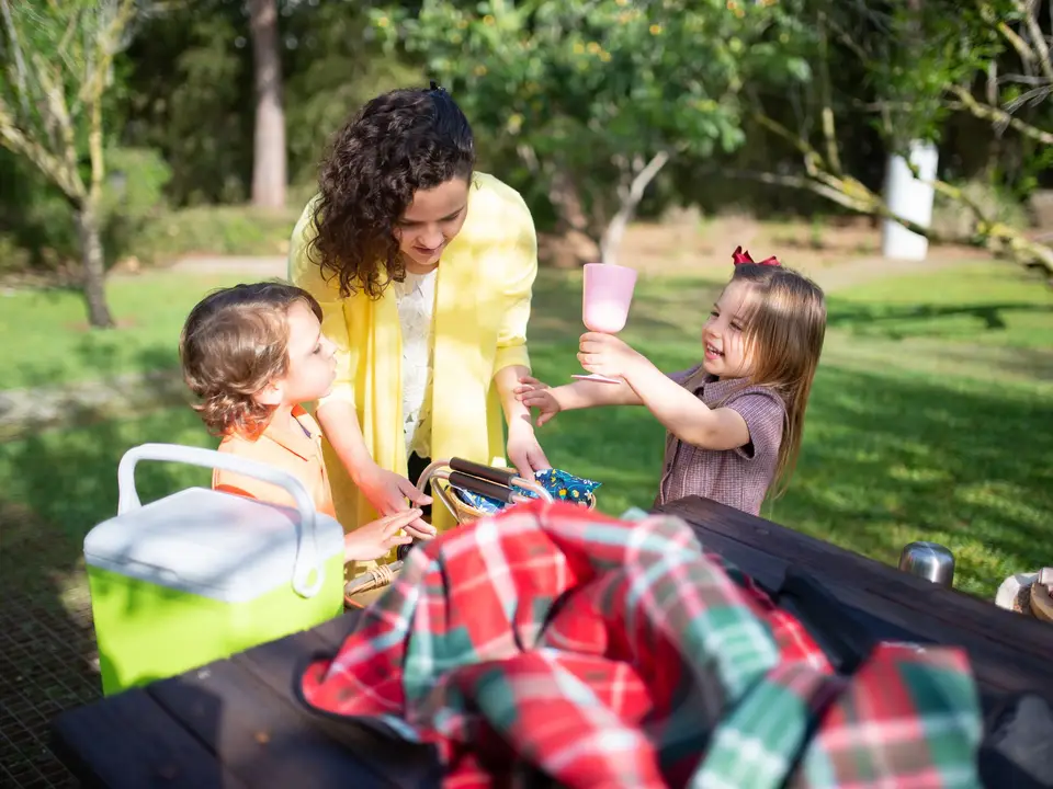 Mother and two children having a picnic at a park table