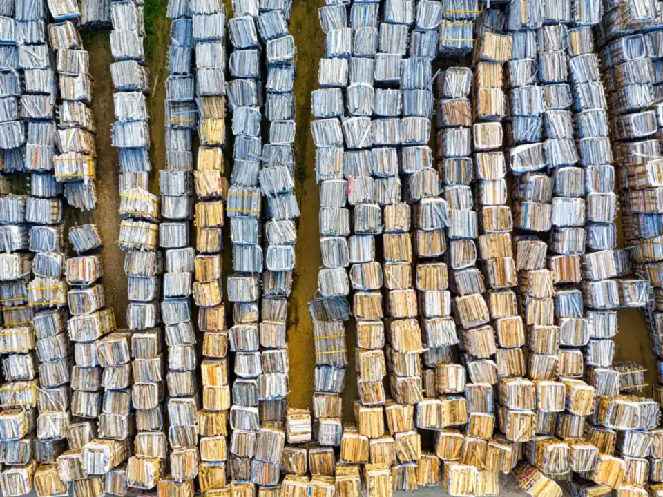Compressed bales of cardboard at a recycling plant