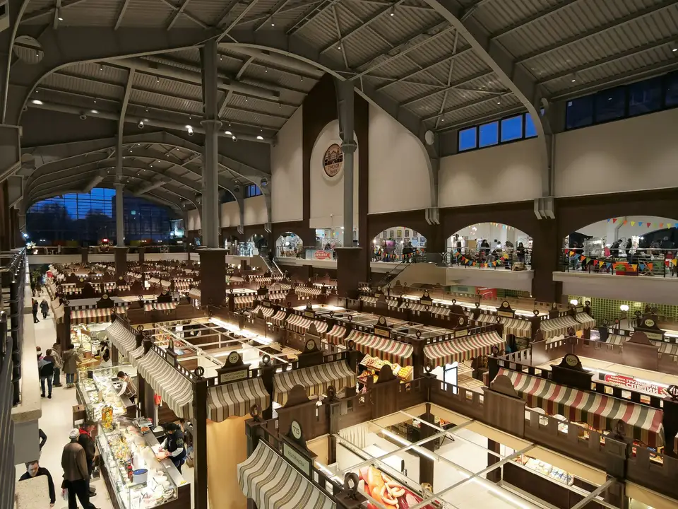 Indoor market stalls at evening