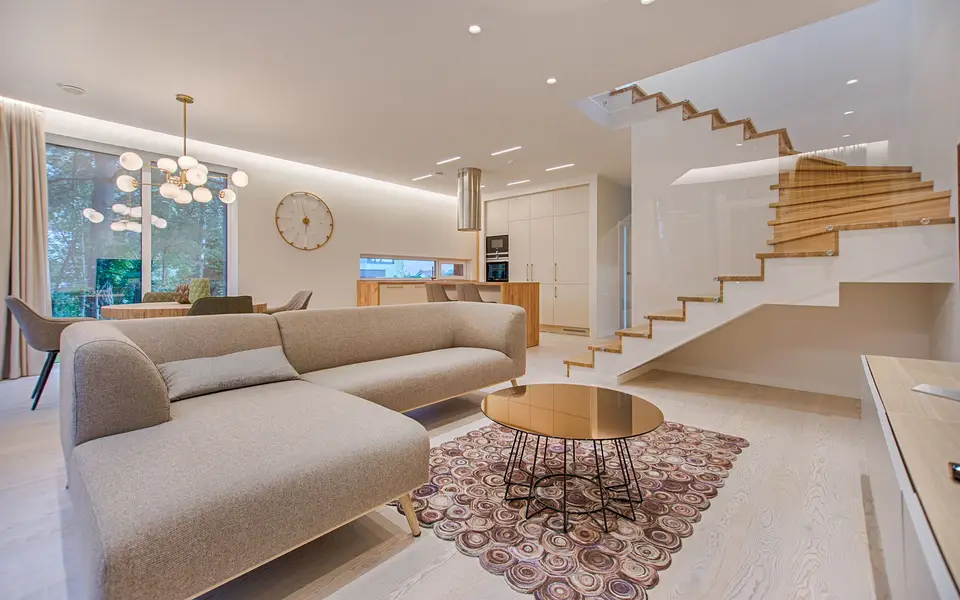 Finished basement family room with sectional sofa