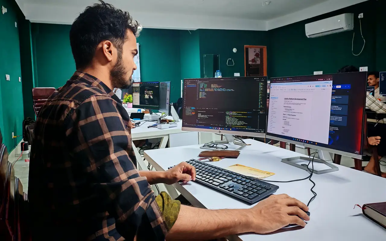 Developer coding on two monitors