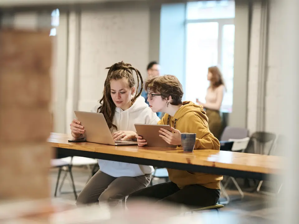 Developers pairing at laptops during a delivery sprint