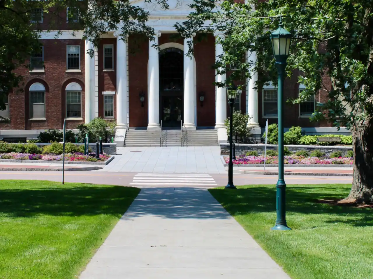 Red brick university building with columns in Burlington, Vermont