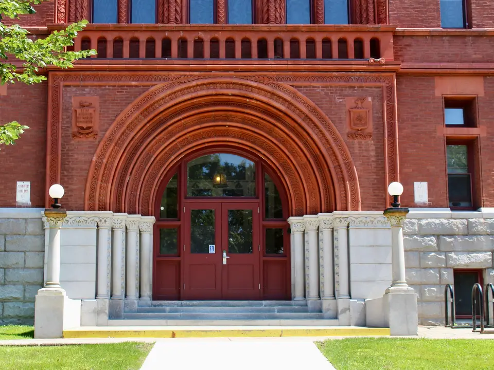 Gothic-style entrance of a university building in Burlington, Vermont