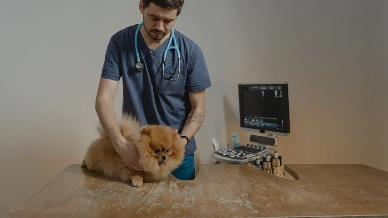 A veterinarian in blue scrubs gently examining a small fluffy dog on a steel table
