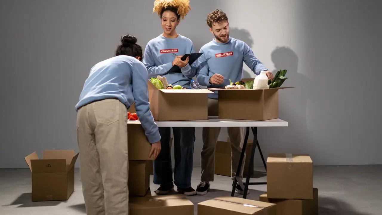 Corporate volunteers packing donation boxes on a long table