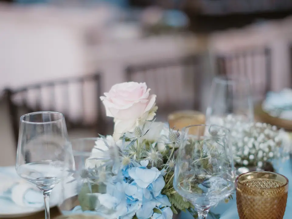 Table with blue hydrangeas