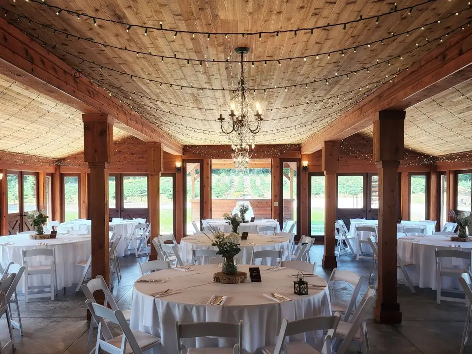 Round tables under timber beams